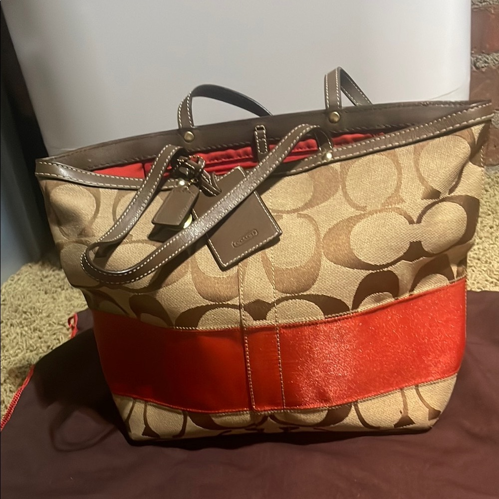 Coach Brown and Orange Tote Bag with Signature Design